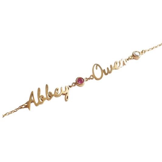 Personalised Double Name Birthstone Nameplate Bracelet (Gold, Silver, Rose)