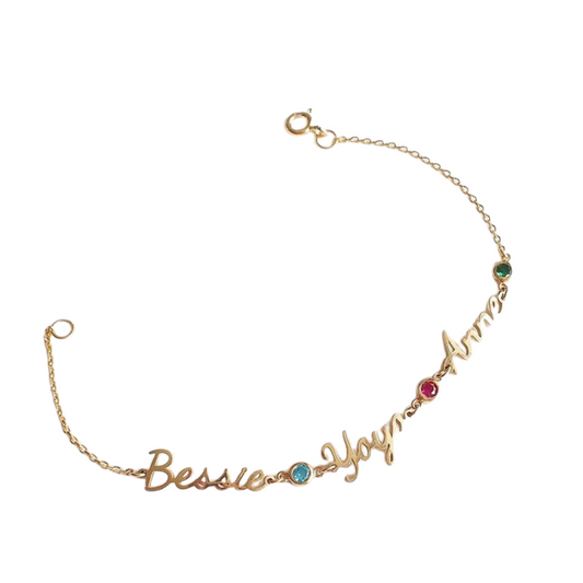 Personalised Triple Nameplate Birthstone Bracelet (Gold, Silver, Rose)