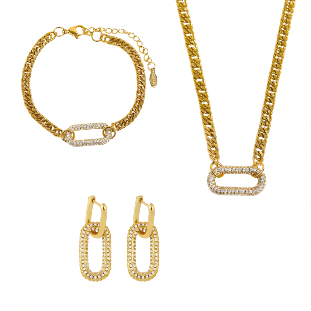 Gold Pave Link Cuban Set