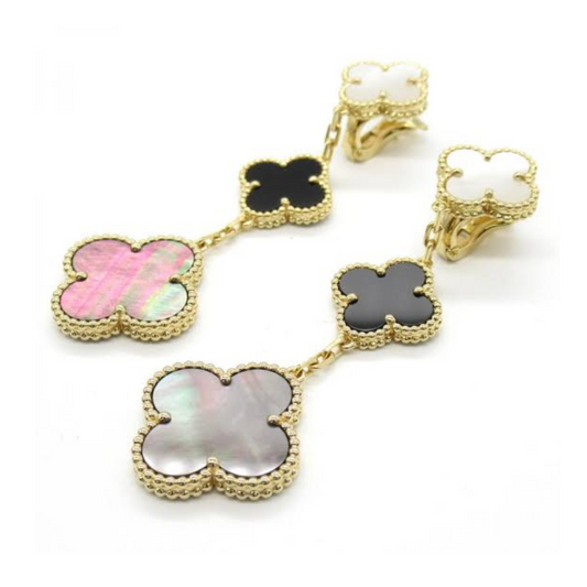 Gold & Multi Pearl & Agate 3 Motif Drop Earring (925)