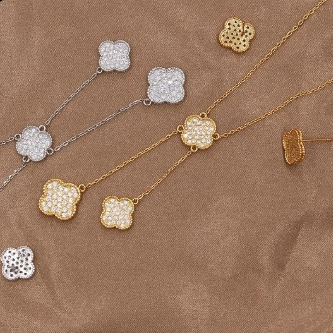 Gold Parisian Pave Clover Drop Set