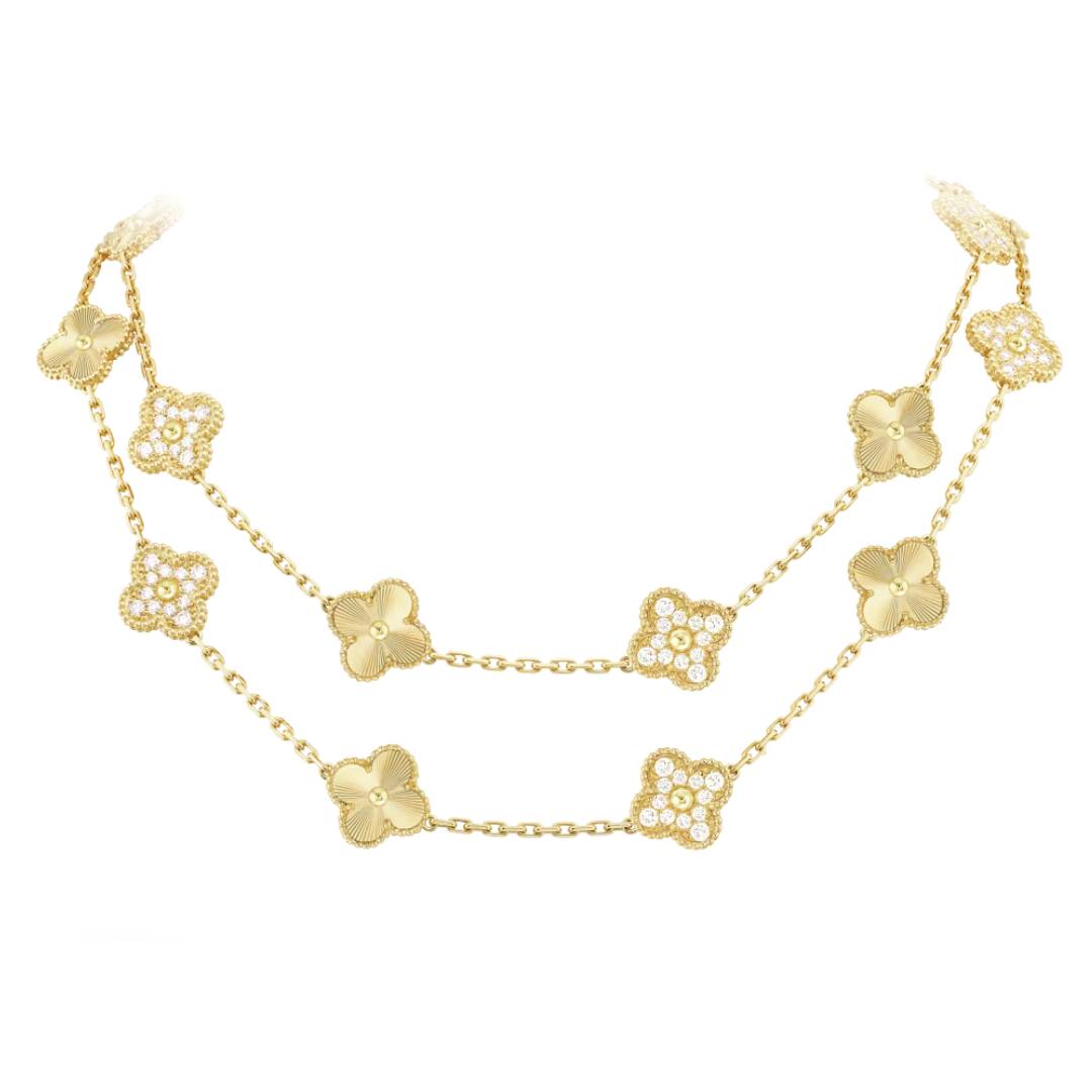 Gold Long Clover Vintage Pave & Laser Cut Necklace (925, Heavyweight)