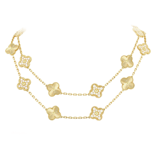 Gold Long Clover Vintage Pave & Laser Cut Necklace (925, Heavyweight)