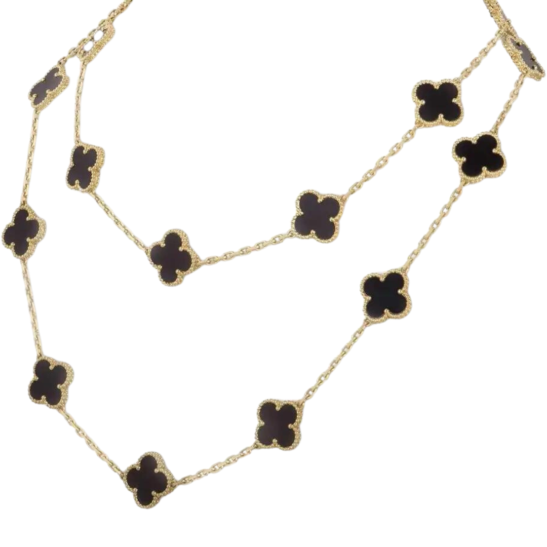 Black & Gold Agate Long Clover Necklace (Mix Metal)