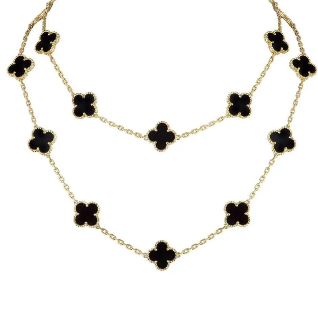 Black & Gold Agate Long Clover Necklace (Mix Metal)