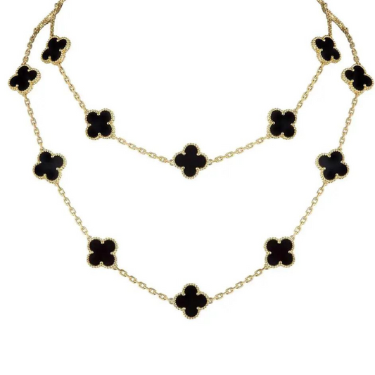 Black & Gold Agate Long Clover Necklace (Mix Metal)