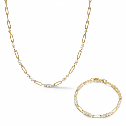 Gold Moissanite Paperclip Luxe Necklace 7TCW & Bracelet (925,Vermeil)