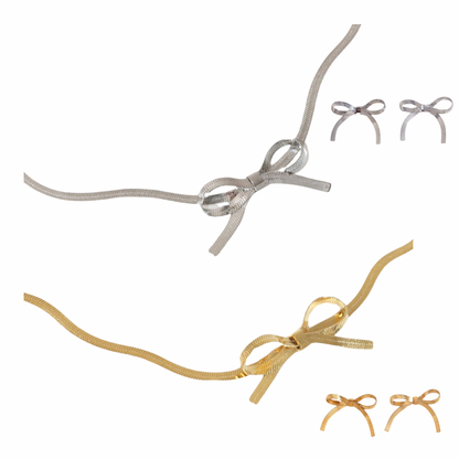 Dainty Sideswept Bow Necklace & Earrings ( Gold, Silver)