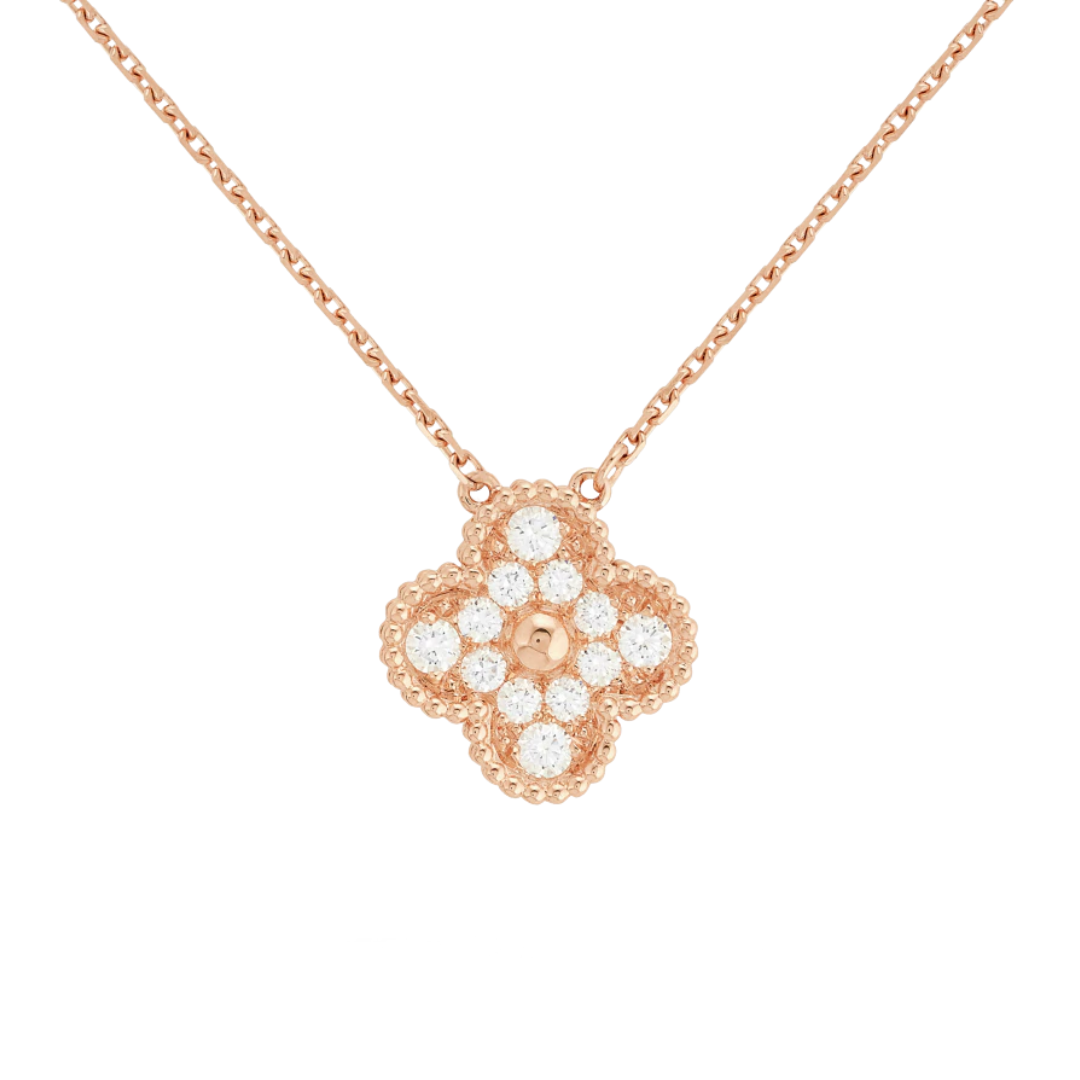 Full Rose Gold Floating Vintage Clover Pave Necklace (925)
