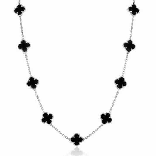 Black & Silver Long Agate Clover Necklace (Mix Metal)