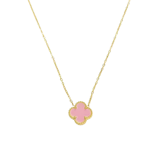 Pretty In Pink Gold & Clover Floating Necklace (Stainless Steel)