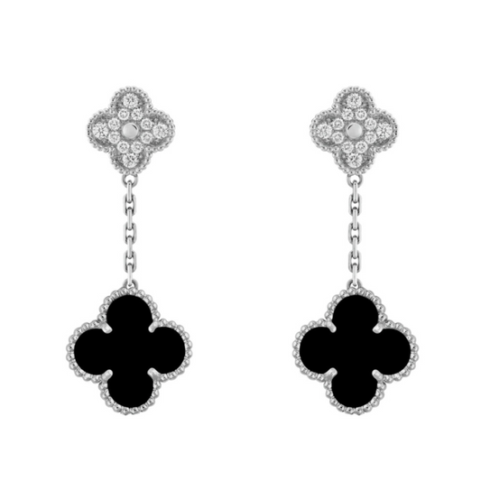 Black & Silver Glam Drop Clover Earring (925)