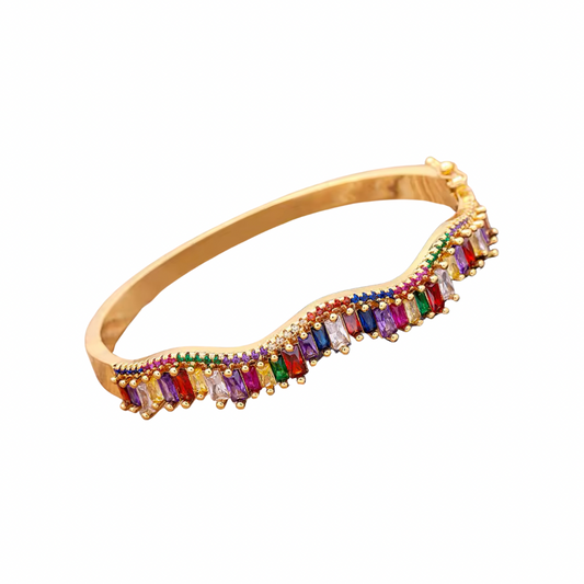 Gold Baguette Wave Bangle (Mix Metal, 18k Gold Plating)